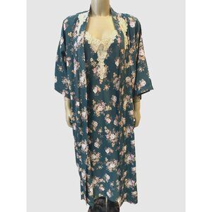 VTG California Dynasty 2pc Satin Robe Nightgown Set Floral Lace Trim Sz M USA